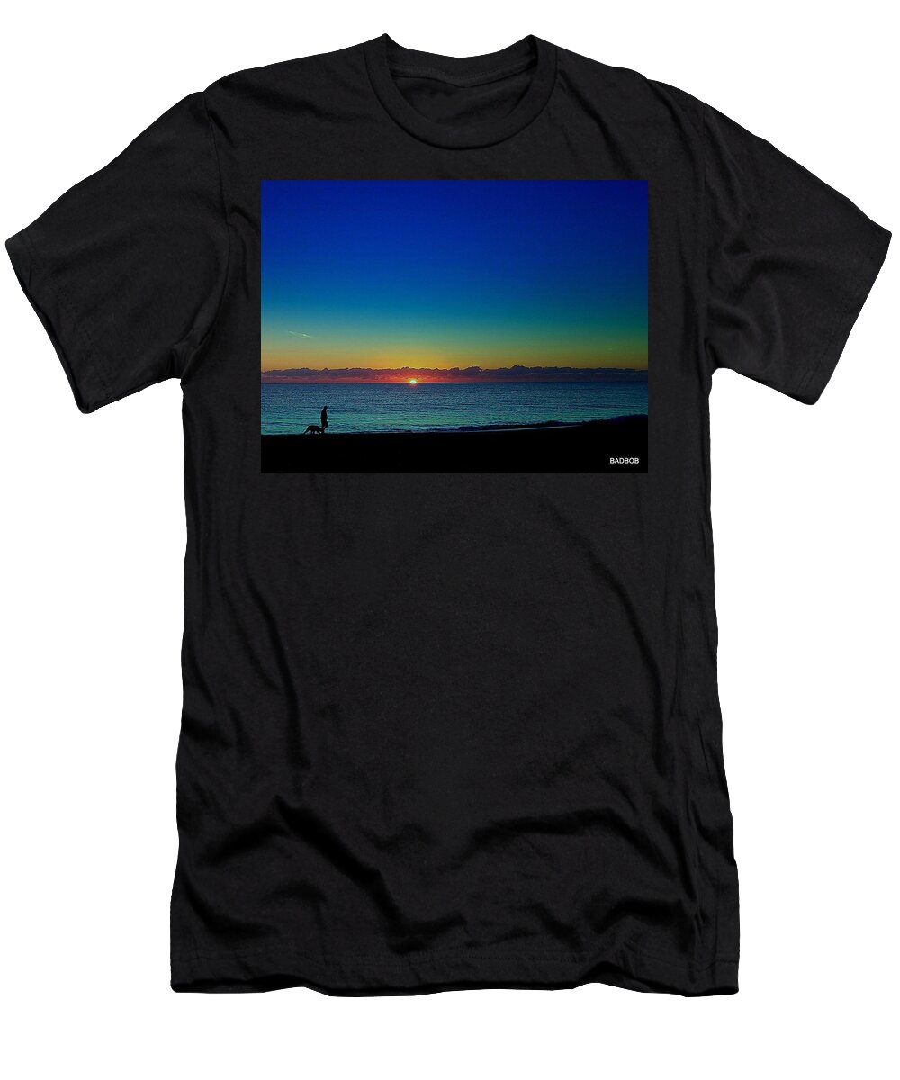 Beach T-Shirt featuring the photograph Walking the baddog by Robert Francis