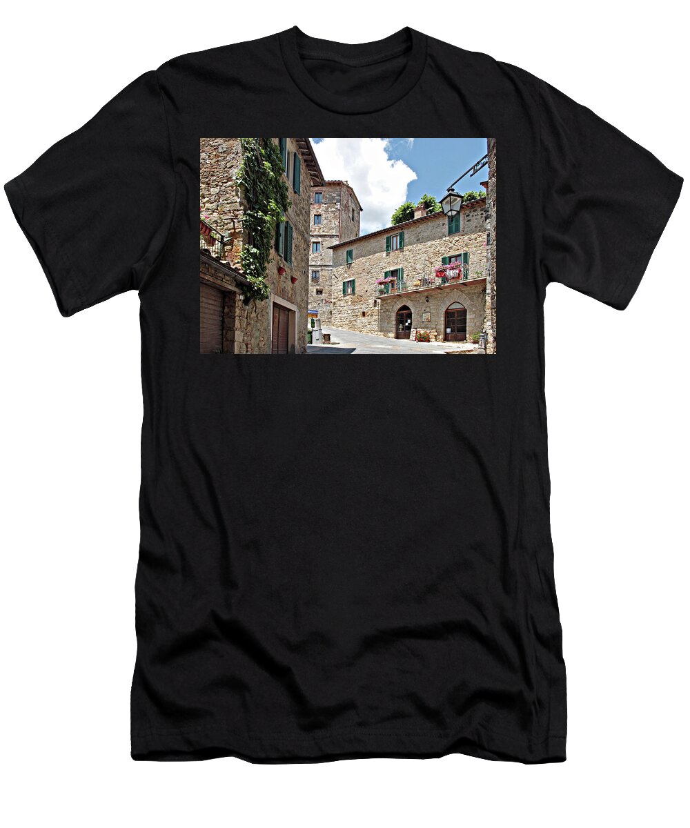 #tuscany #italy #sarteano #door #doorway #stonework #summer #europe #history #historic #streetscene #terracotta #rooftops #village #town #clouds #rain #sky #landscape #online #shop #sale #buy #mobileprints #forsale #photography #sell #cards T-Shirt featuring the photograph Walking the streets by Jacci Freimond Rudling
