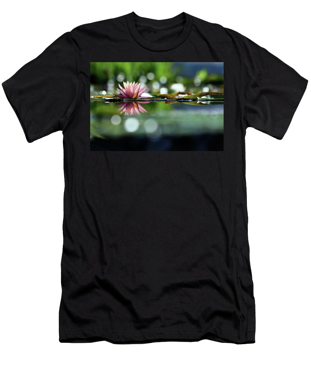  Soft Pink Water Lily T-Shirt featuring the photograph Water Lily And Bokeh by Carol Montoya
