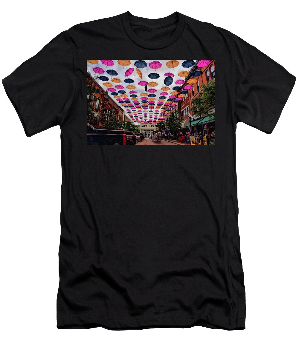 Wausau T-Shirt featuring the photograph Wausau's 300 Block Umbrellas by Dale Kauzlaric
