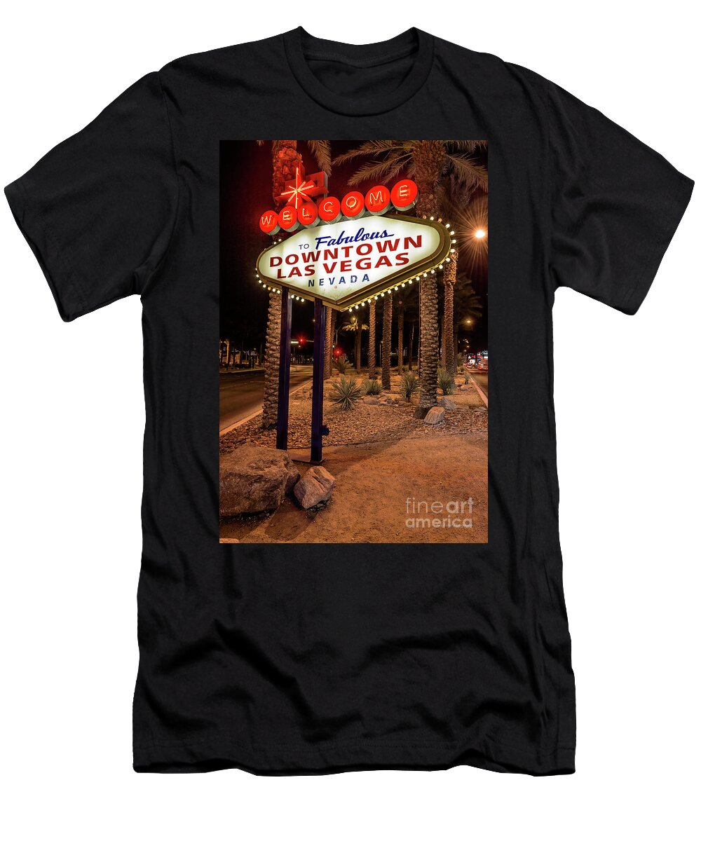 Welcome To Downtown Las Vegas Sign T-Shirt featuring the photograph R.I.P. Welcome to Downtown Las Vegas Sign at Night by Aloha Art