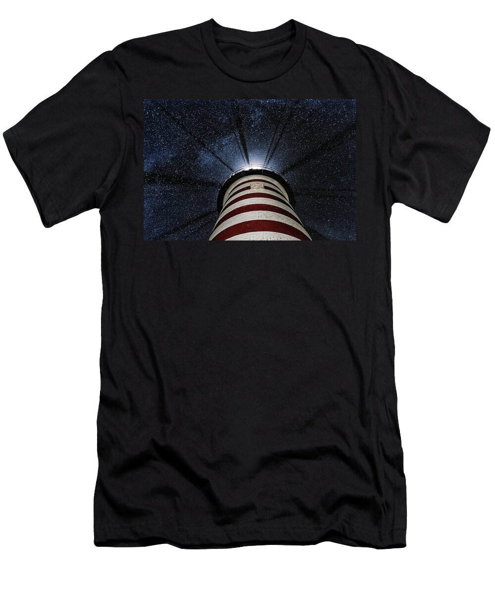 West Quoddy Head Lighthouse T-Shirt featuring the photograph West Quoddy Head Lighthouse Night Light by Marty Saccone