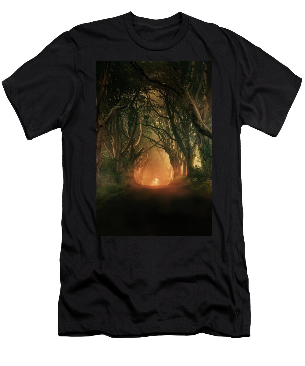 Dark Hedges In Northern Ireland T-Shirt featuring the photograph When the day begins... by Jaroslaw Blaminsky