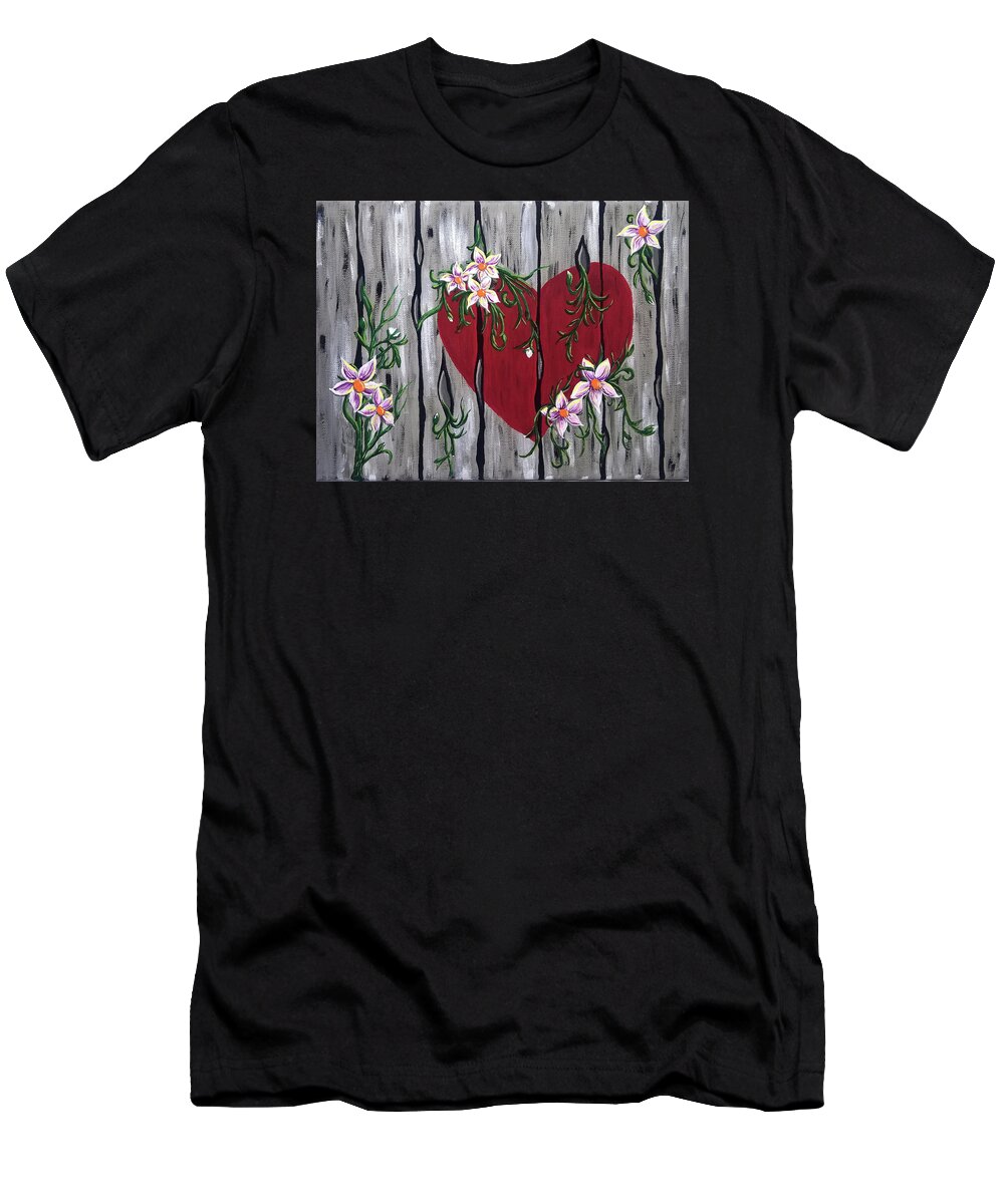 Fence T-Shirt featuring the painting Where Love Grows by Eseret Art