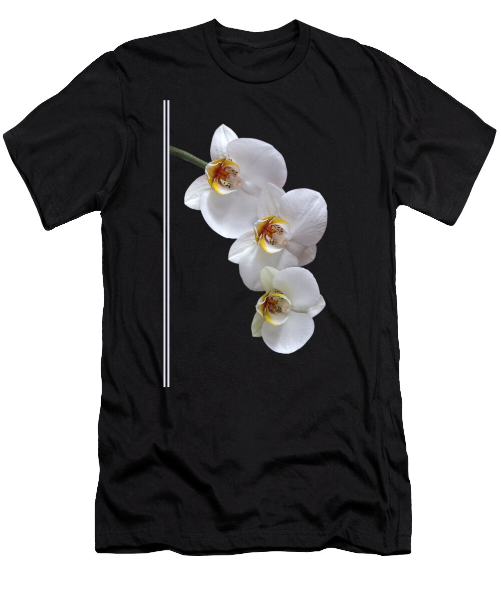 Soft White Orchid T-Shirt featuring the photograph White Orchids on Black Vertical by Gill Billington