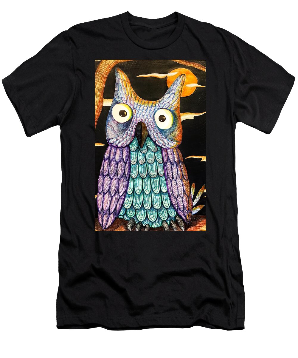  Hoot Owl T-Shirt featuring the drawing Whom? by Jame Hayes