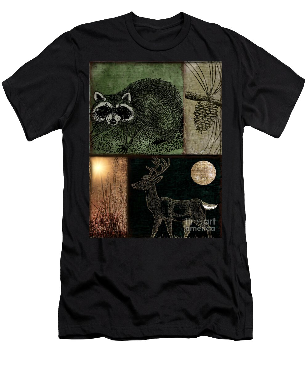 Wildlife T-Shirt featuring the painting Wild Racoon and Deer Patchwork by Mindy Sommers
