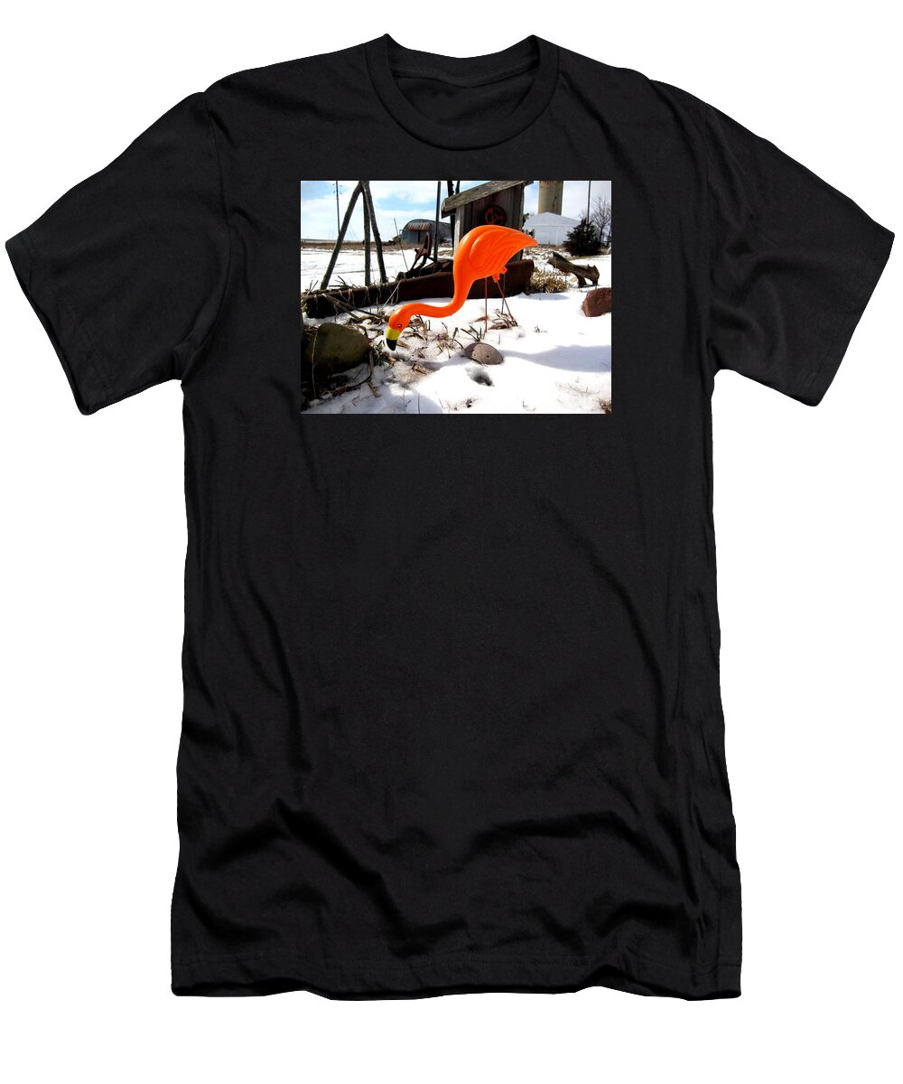 Winter Flamingo At The Farm T-Shirt featuring the photograph Winter Flamingo by Jan VonBokel
