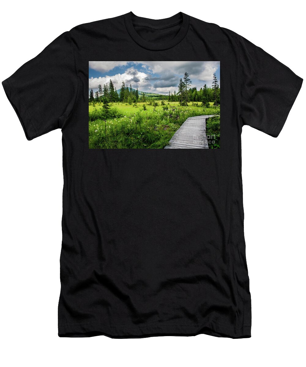Austria T-Shirt featuring the photograph Wooden path through moor in Austria by Andreas Berthold