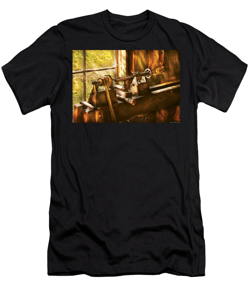 Woodworker T-Shirt featuring the photograph Woodworker - An Old Lathe by Mike Savad