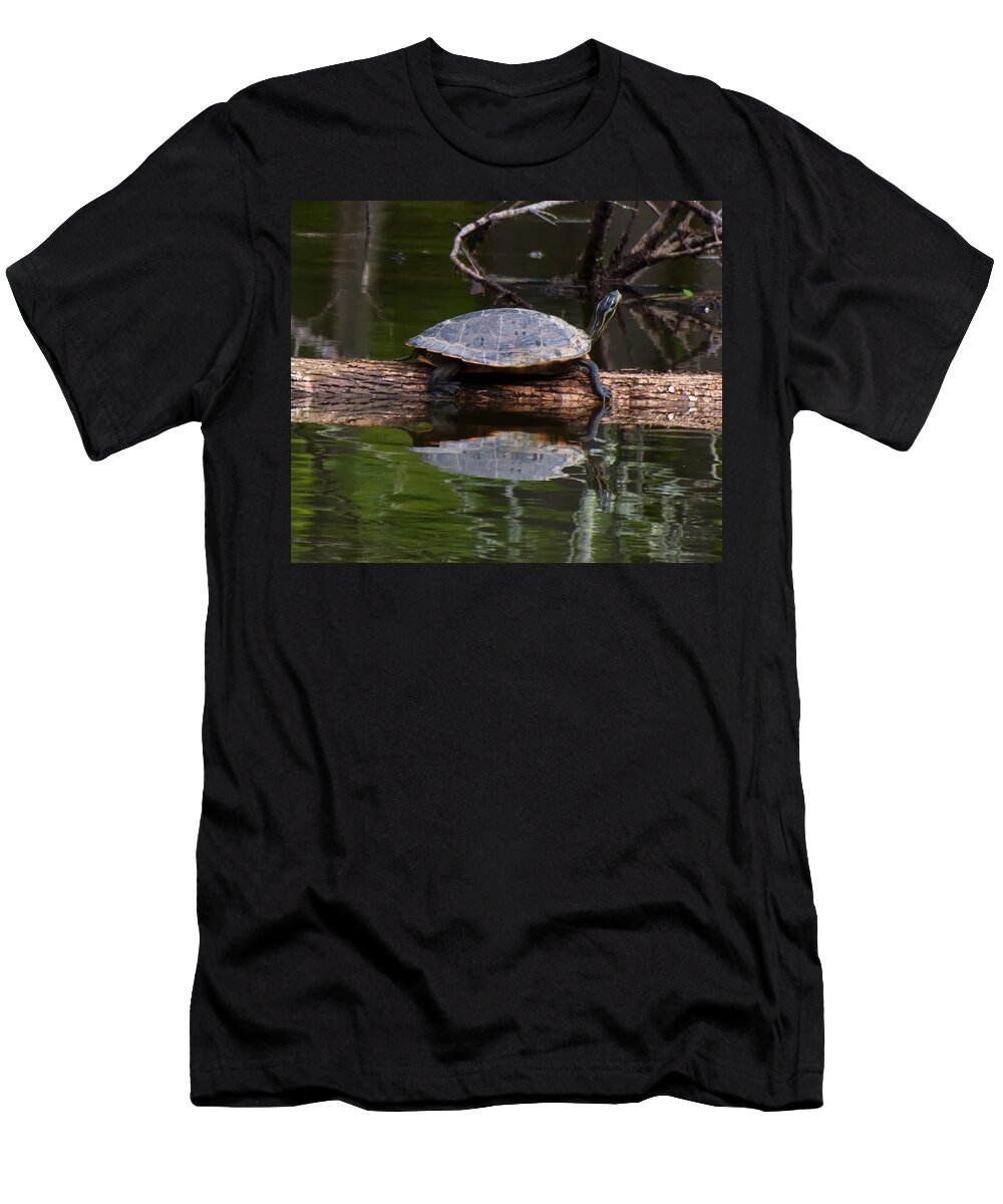 Slider T-Shirt featuring the digital art Yellow Bellied Slider resting on a log by Flees Photos