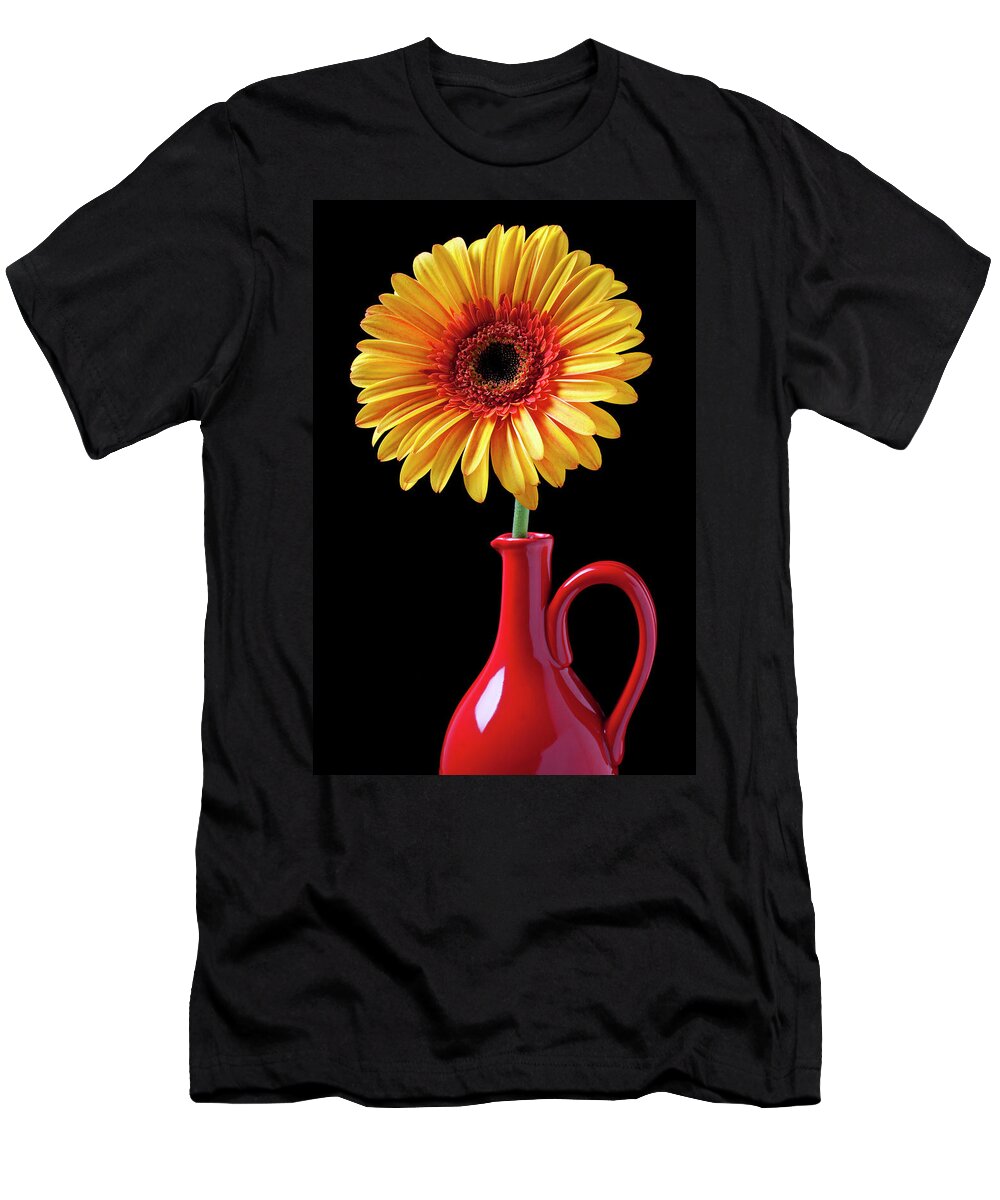 Mums T-Shirt featuring the photograph Yellow fancy daisy in red vase by Garry Gay