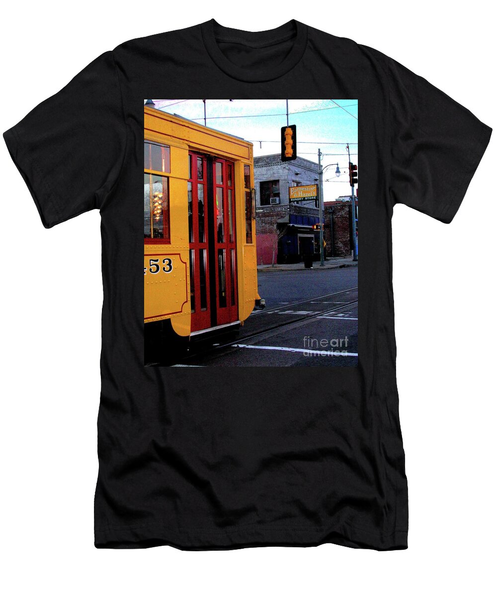 Trolley T-Shirt featuring the digital art Yellow Trolley at Earnestine and Hazels by Lizi Beard-Ward