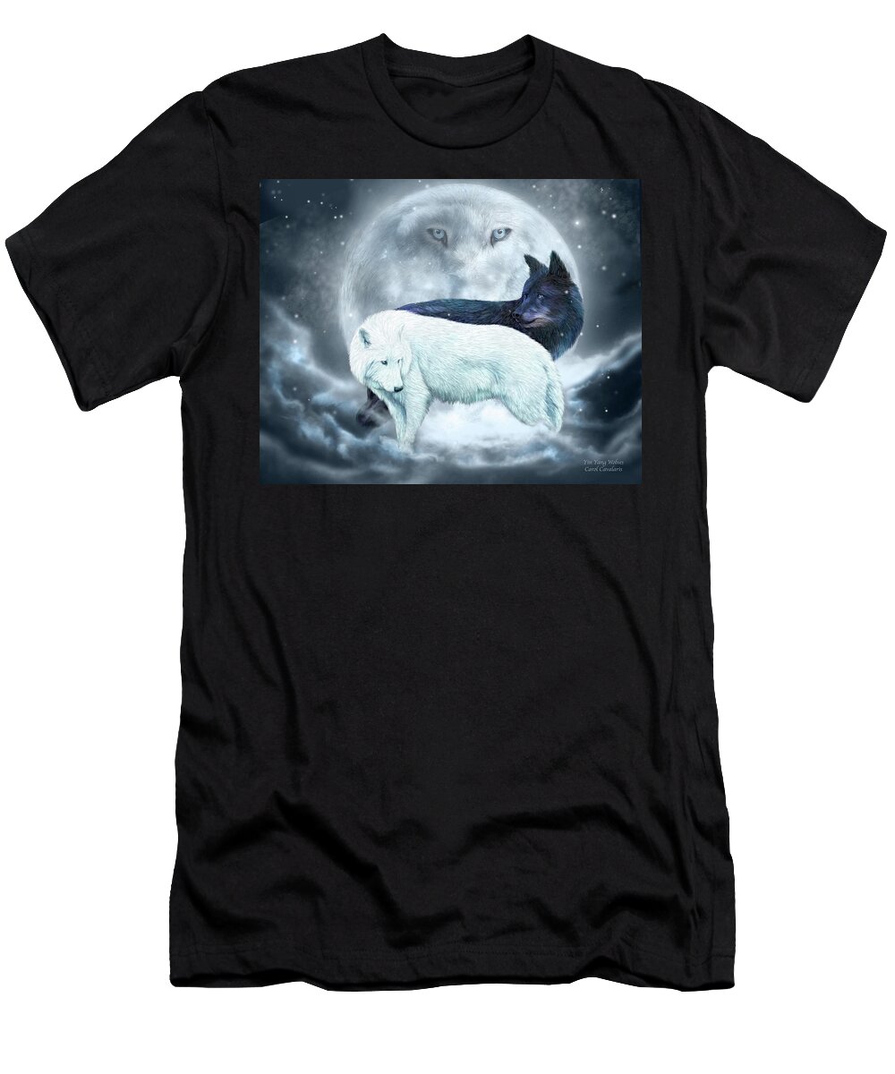 Carol Cavalaris T-Shirt featuring the mixed media Yin Yang Wolves by Carol Cavalaris