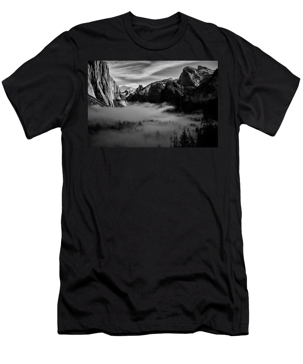 Black And White T-Shirt featuring the photograph Fog in Yosemite #1 by Jon Glaser
