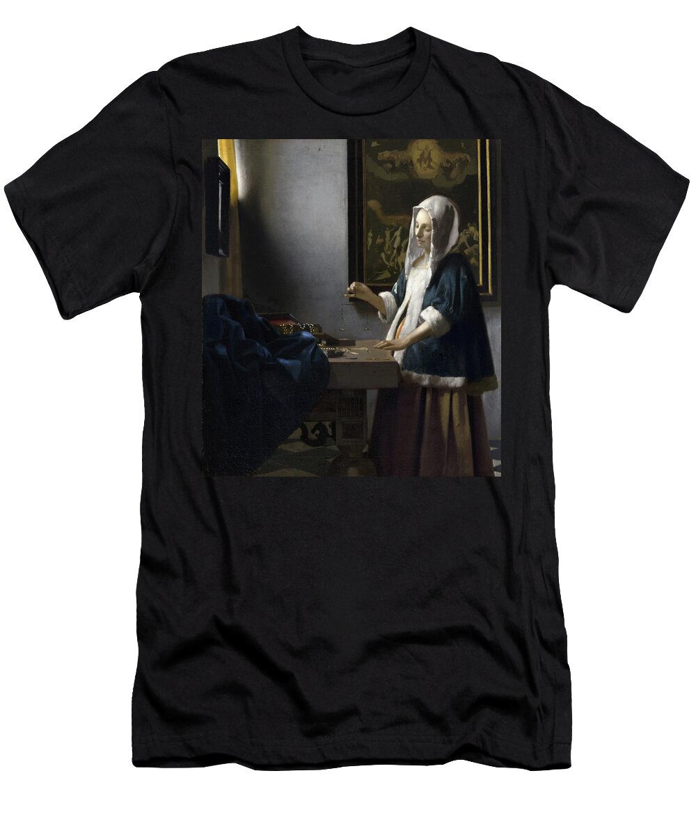 Figurative T-Shirt featuring the painting Woman Holding A Balance by Johannes Vermeer