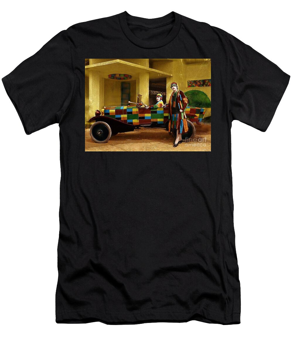 Vintage T-Shirt featuring the photograph 1920s French Art Deco Roadster With Models In Matching Outfits by Retrographs