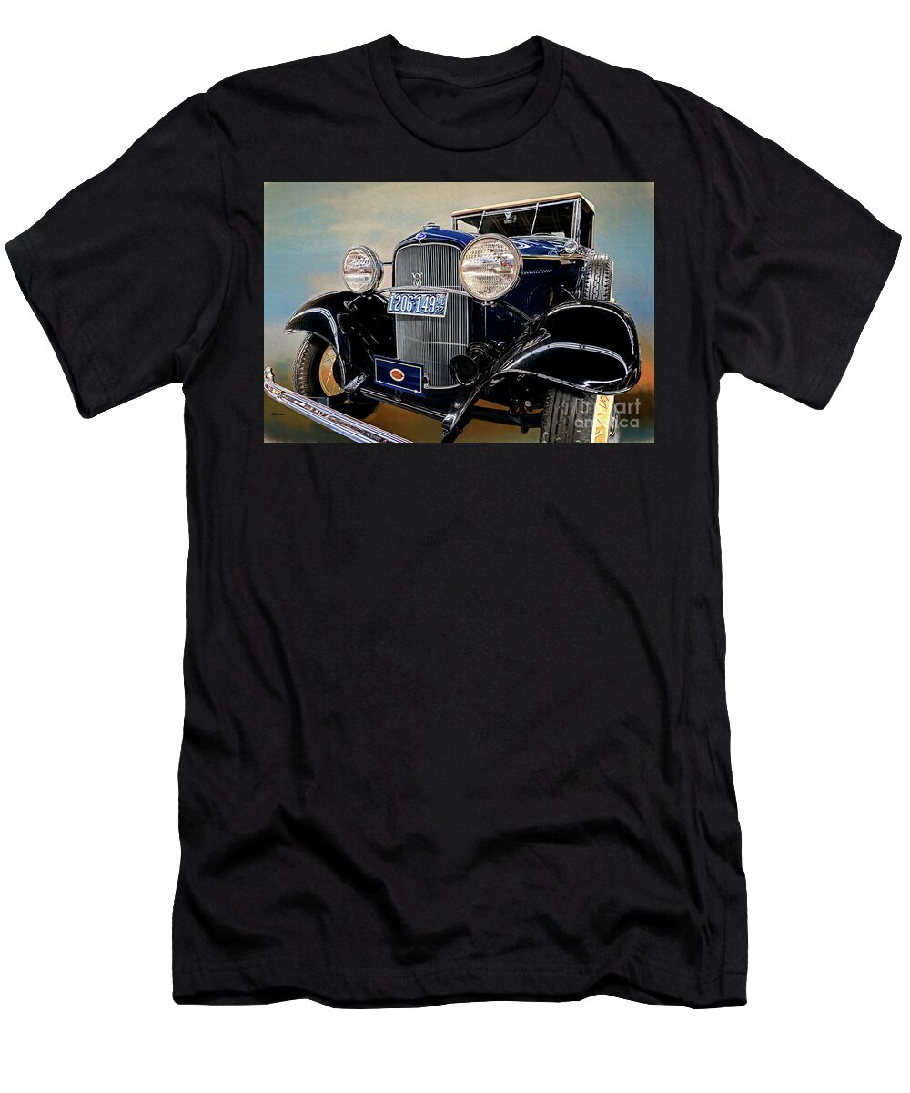 Cars T-Shirt featuring the mixed media 1932 Ford Cabriolet Deluxe V8 Artistry by DB Hayes