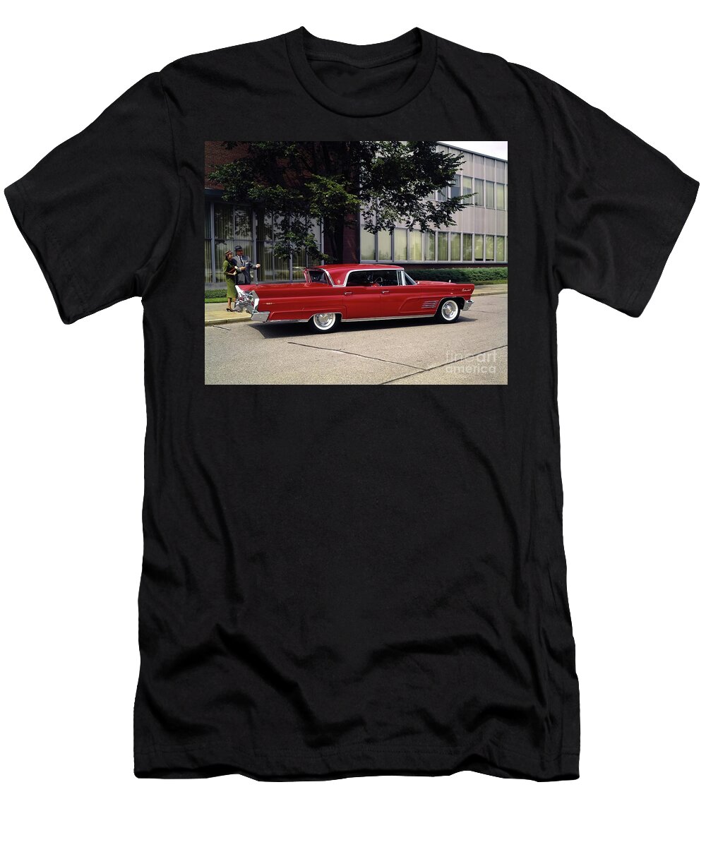 Vintage T-Shirt featuring the photograph 1960 Lincoln Continental Sedan With Admiring Couple by Retrographs