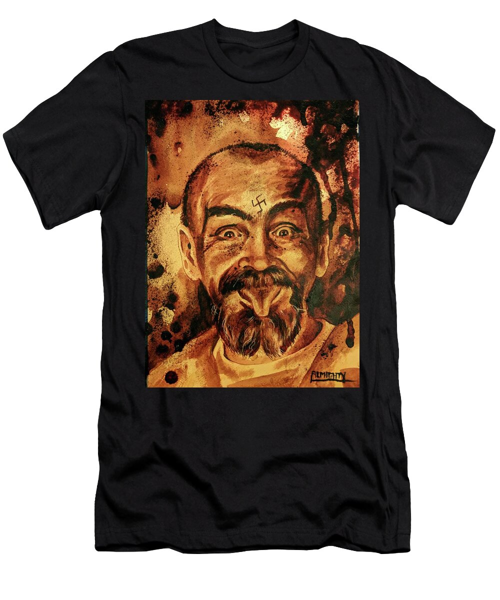 Ryan Almighty T-Shirt featuring the painting CHARLES MANSON portrait fresh blood by Ryan Almighty