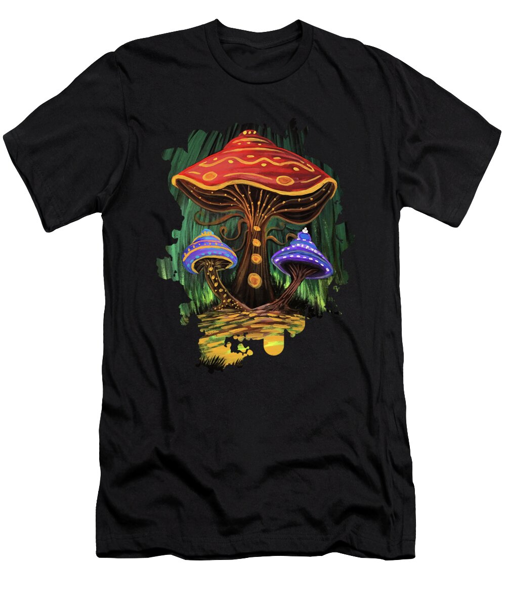 Mushroom T-Shirt featuring the painting A Mushroom World by Adam Santana