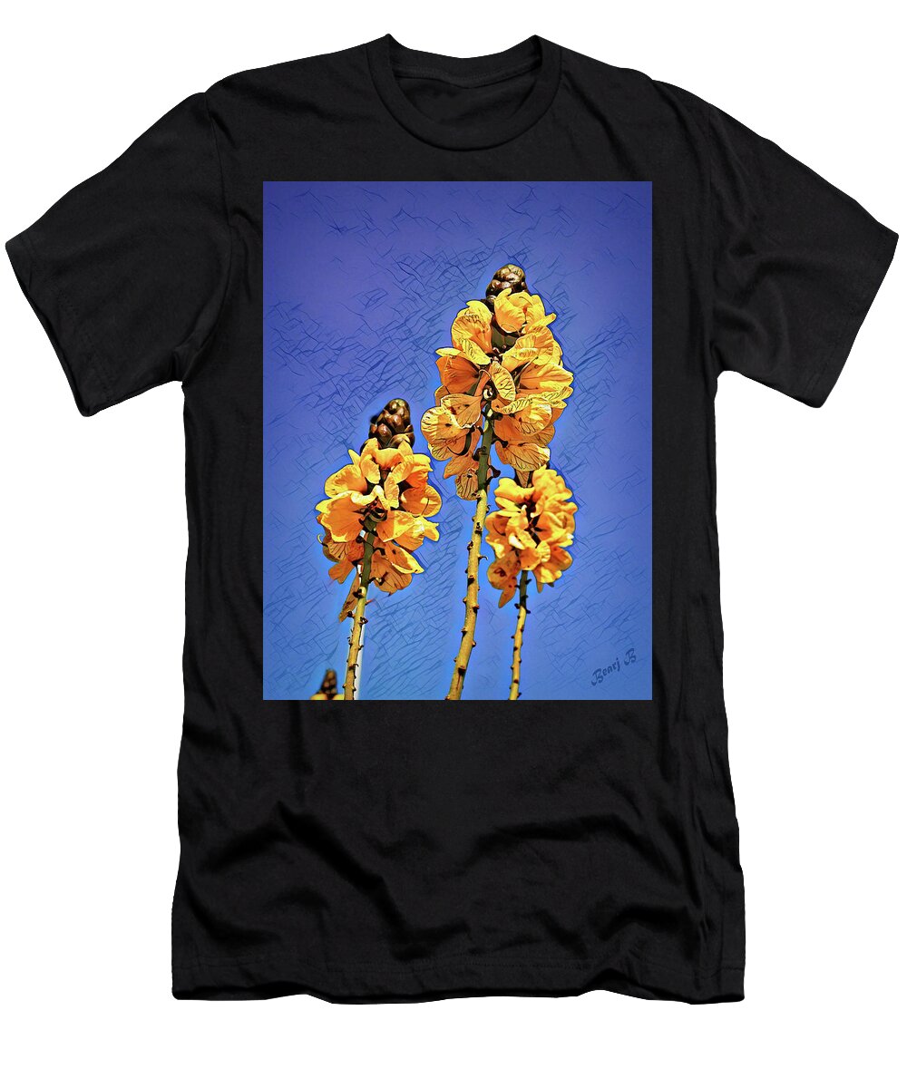 Yellow Flowers T-Shirt featuring the photograph A Study in Yellow and Blue by Bearj B Photo Art