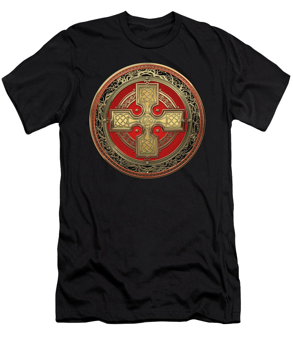 ‘celtic Treasures’ Collection By Serge Averbukh T-Shirt featuring the digital art Ancient Celtic Sacred Gold Knot Cross over Black Leather by Serge Averbukh