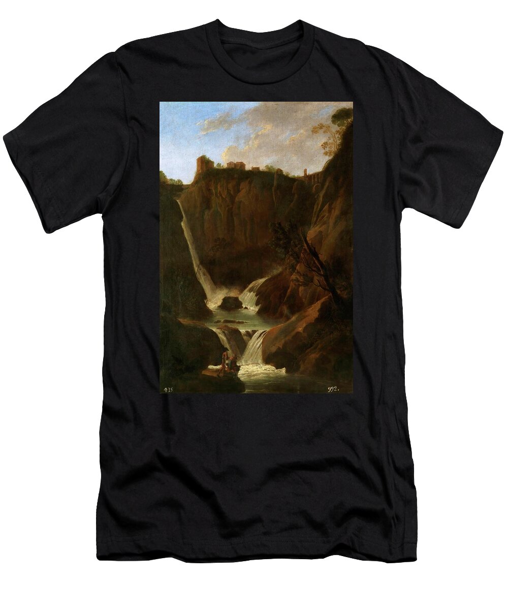 Anonymous T-Shirt featuring the painting Anonymous / 'Vista de la cascada de Tivoli con pescadores', 1639-1641, Dutch School. by Anonymous