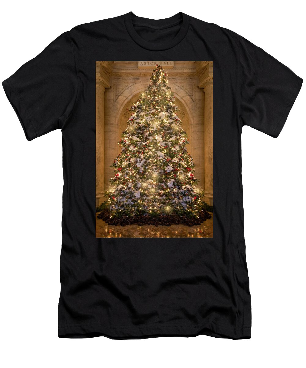 New York Public Library T-Shirt featuring the photograph Astor Hall NYPL Christmas Tree by Susan Candelario