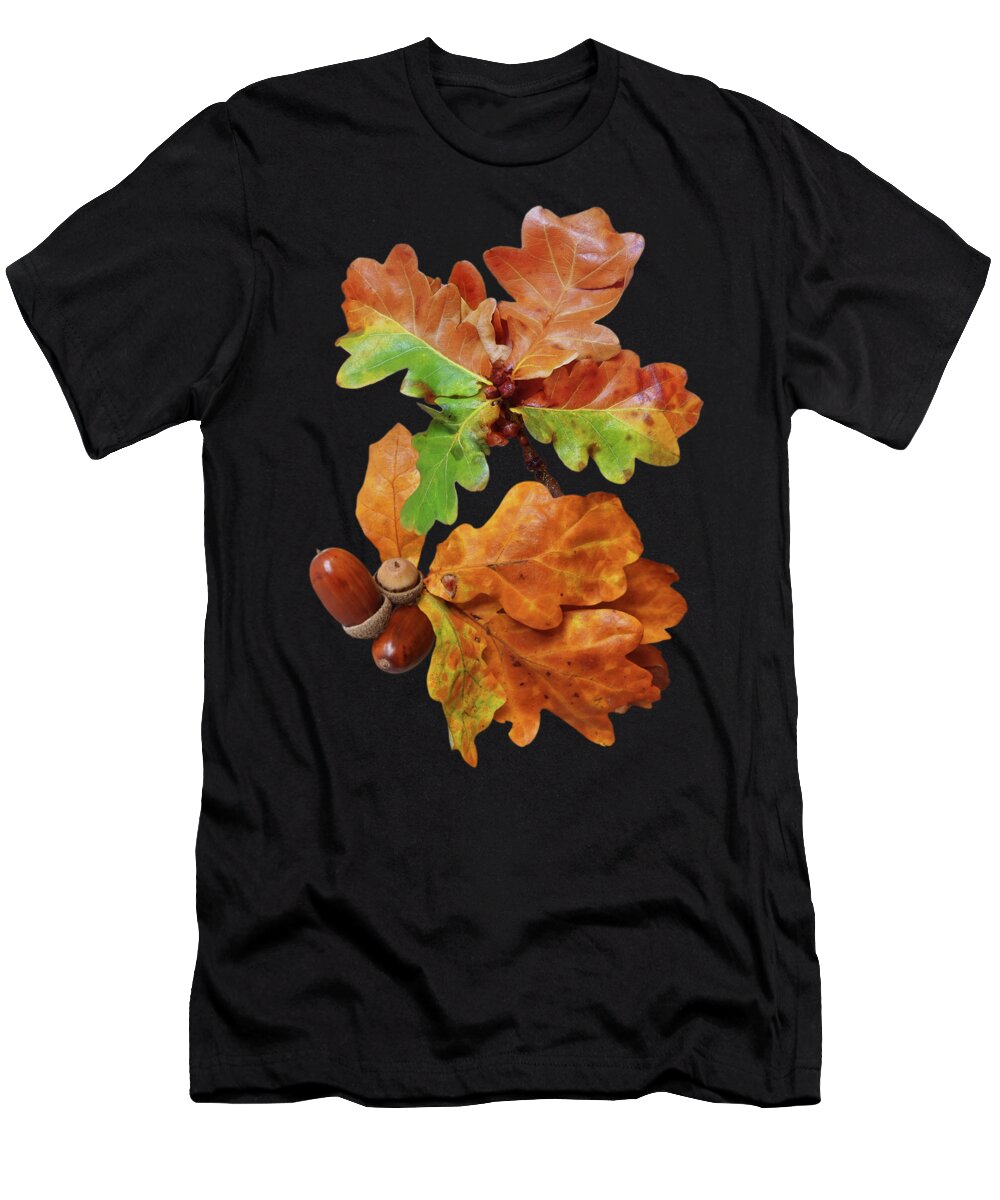 Autumn Leaves T-Shirt featuring the photograph Autumn Oak Leaves And Acorns On Black by Gill Billington