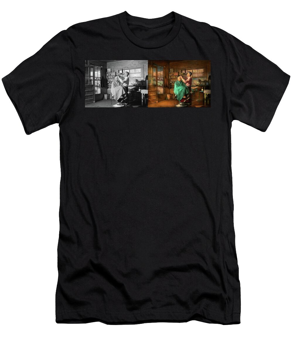 Barber Art T-Shirt featuring the photograph Barber - JH Parham Barber and Notary Public 1941 - Side by Side by Mike Savad