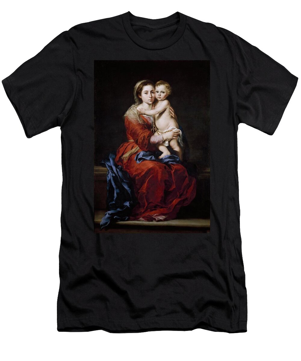 Bartolome Esteban Murillo T-Shirt featuring the painting Bartolome Esteban Murillo / 'Our Lady of the Rosary', 1650-1655, Spanish School, Oil on canvas. by Bartolome Esteban Murillo -1611-1682-