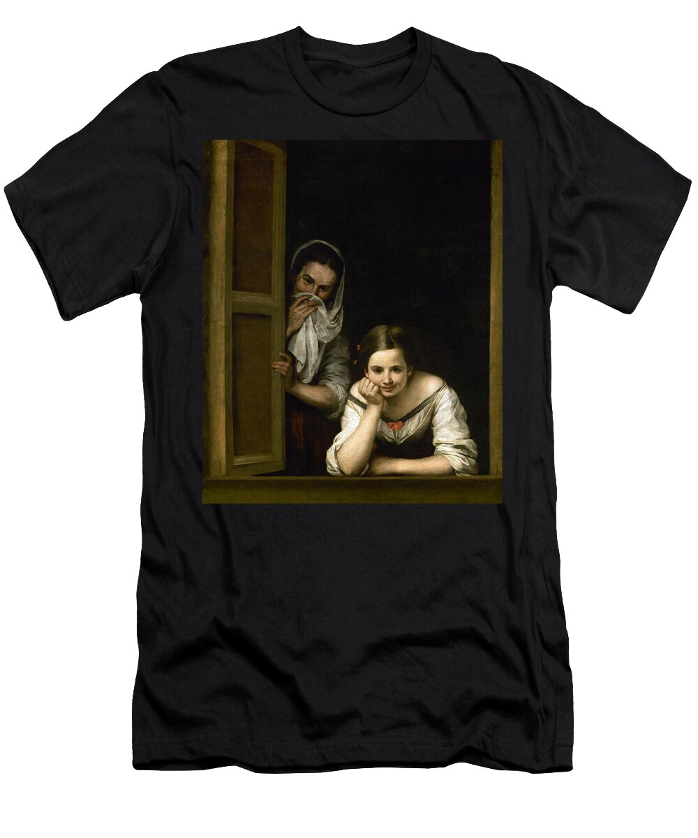 Bartolome Esteban Murillo T-Shirt featuring the painting Bartolome Esteban Murillo Two Women at a Window, c.1655/1660. National Gallery of Art Washington DC. by Bartolome Esteban Murillo