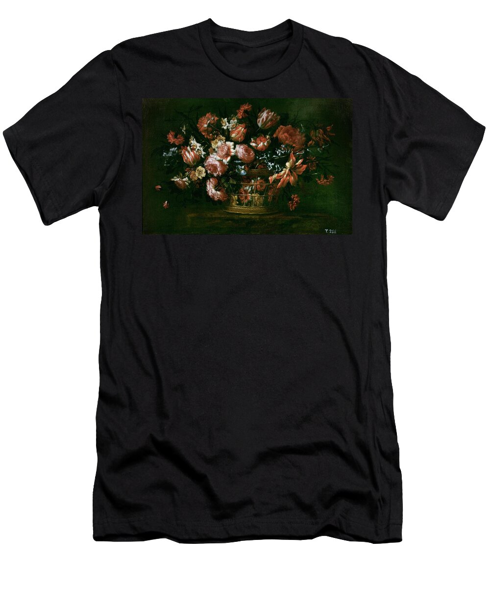 Basket Of Flowers T-Shirt featuring the painting 'Basket of Flowers', Second half 17th century, Spanish School, Oil on canvas, 5... by Bartolome Perez -1634-1693-