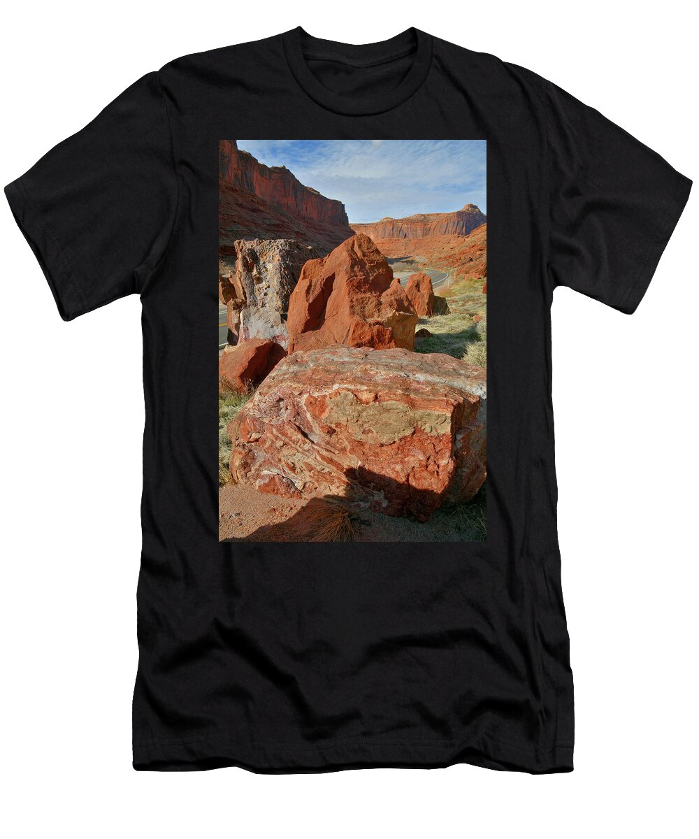 Moab T-Shirt featuring the photograph Beautiful Boulders Roadside on Highway 128 in Urah by Ray Mathis
