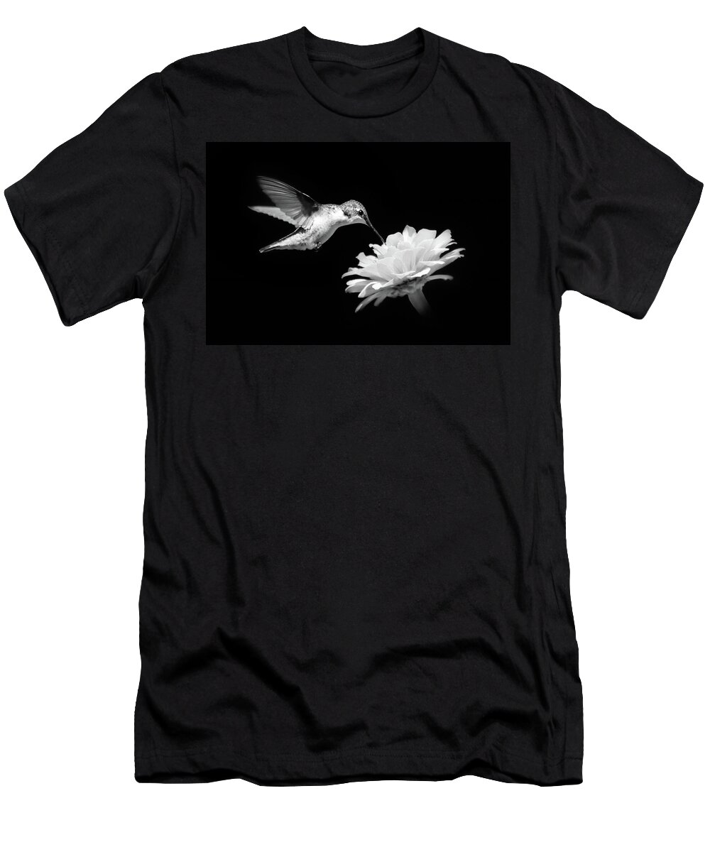 Hummingbird T-Shirt featuring the photograph Black and White Hummingbird and Flower by Christina Rollo