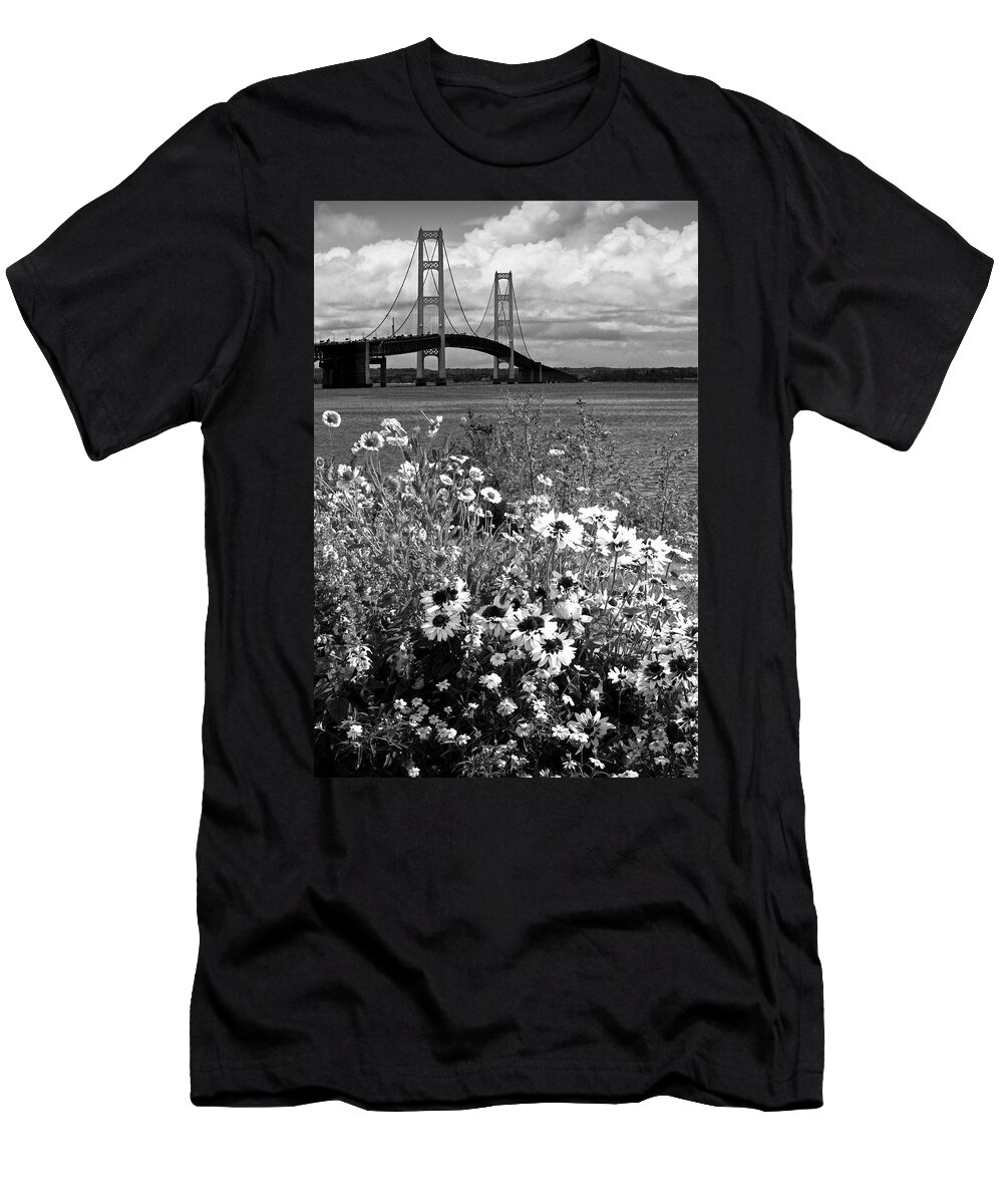 Michigan T-Shirt featuring the photograph Black and White of Blooming Flowers by the Bridge at the Straits by Randall Nyhof