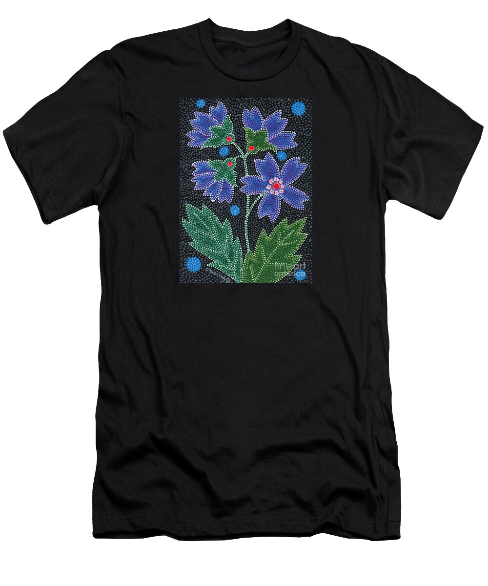 Native American T-Shirt featuring the painting Native American Floral Beadwork, Blue by Chholing Taha