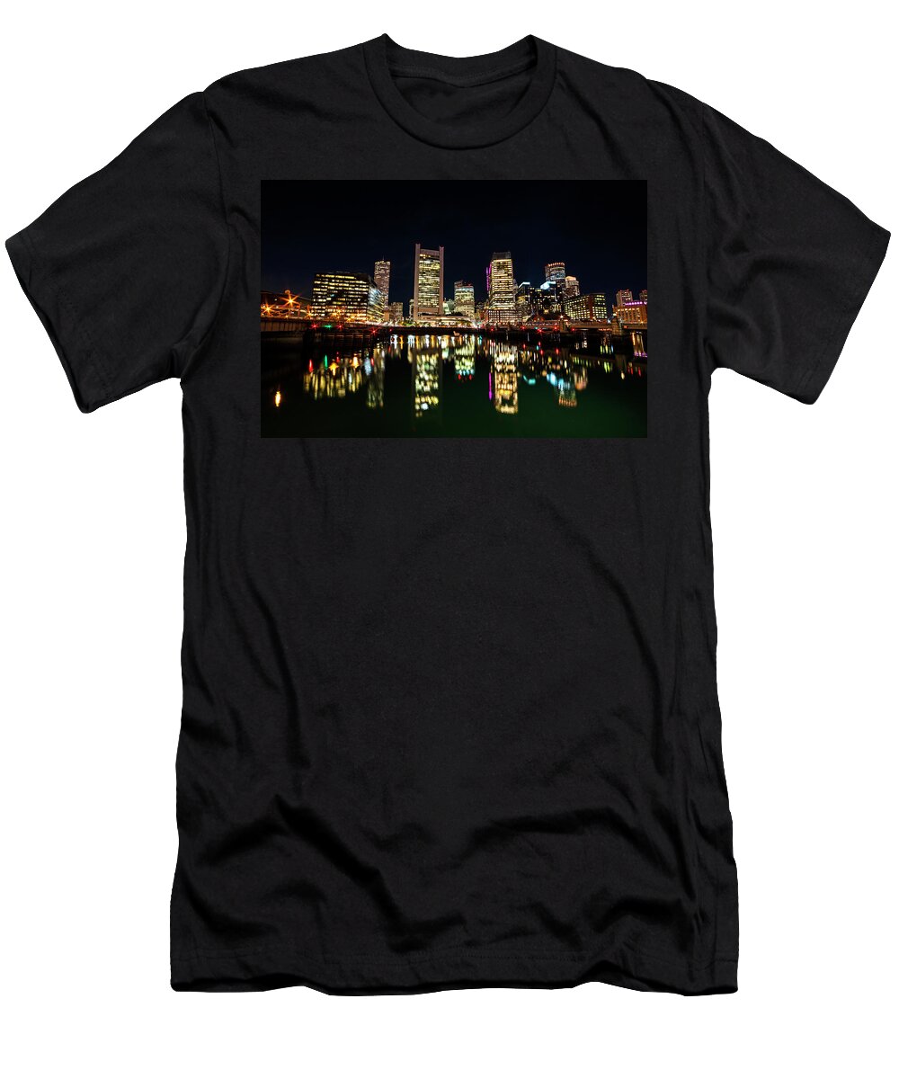 Boston T-Shirt featuring the photograph Boston Skyline Reflection Seaport Boston MA by Toby McGuire