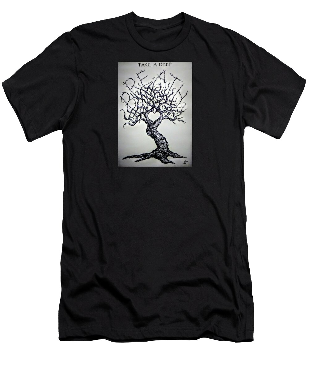 Yoga T-Shirt featuring the drawing Breathe Love Tree - blk/wht by Aaron Bombalicki