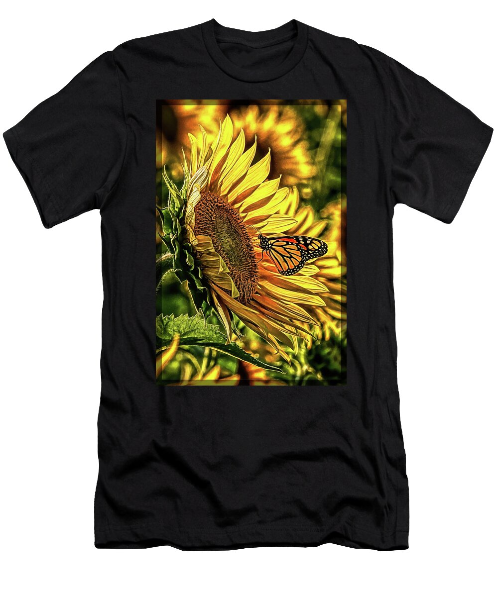 Marias Field Of Hope T-Shirt featuring the digital art Butterfly and Sunflower at Maria's Field of Hope by Mark Madere