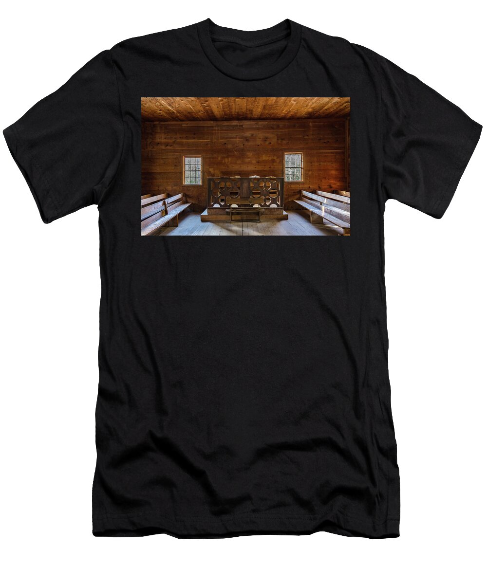 Smoky T-Shirt featuring the photograph Cades Cove Primitive Baptist by Douglas Wielfaert