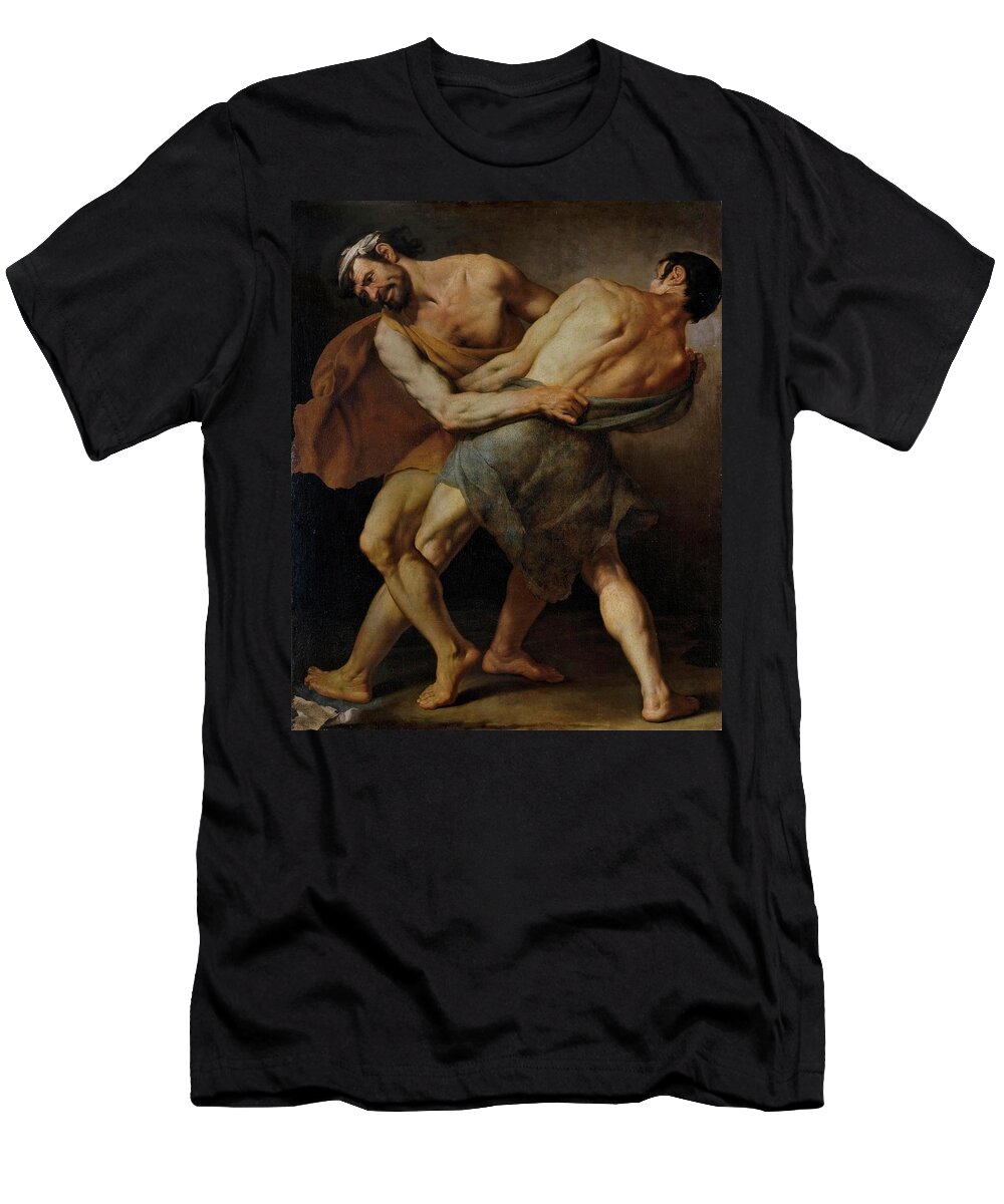Fracanzano Cesare T-Shirt featuring the painting Cesare Fracanzano / 'Two Wrestlers or Hercules and Antaeus -?-', 1637, Italian School. ANTEO. by Cesare Fracanzano -1605-1651-