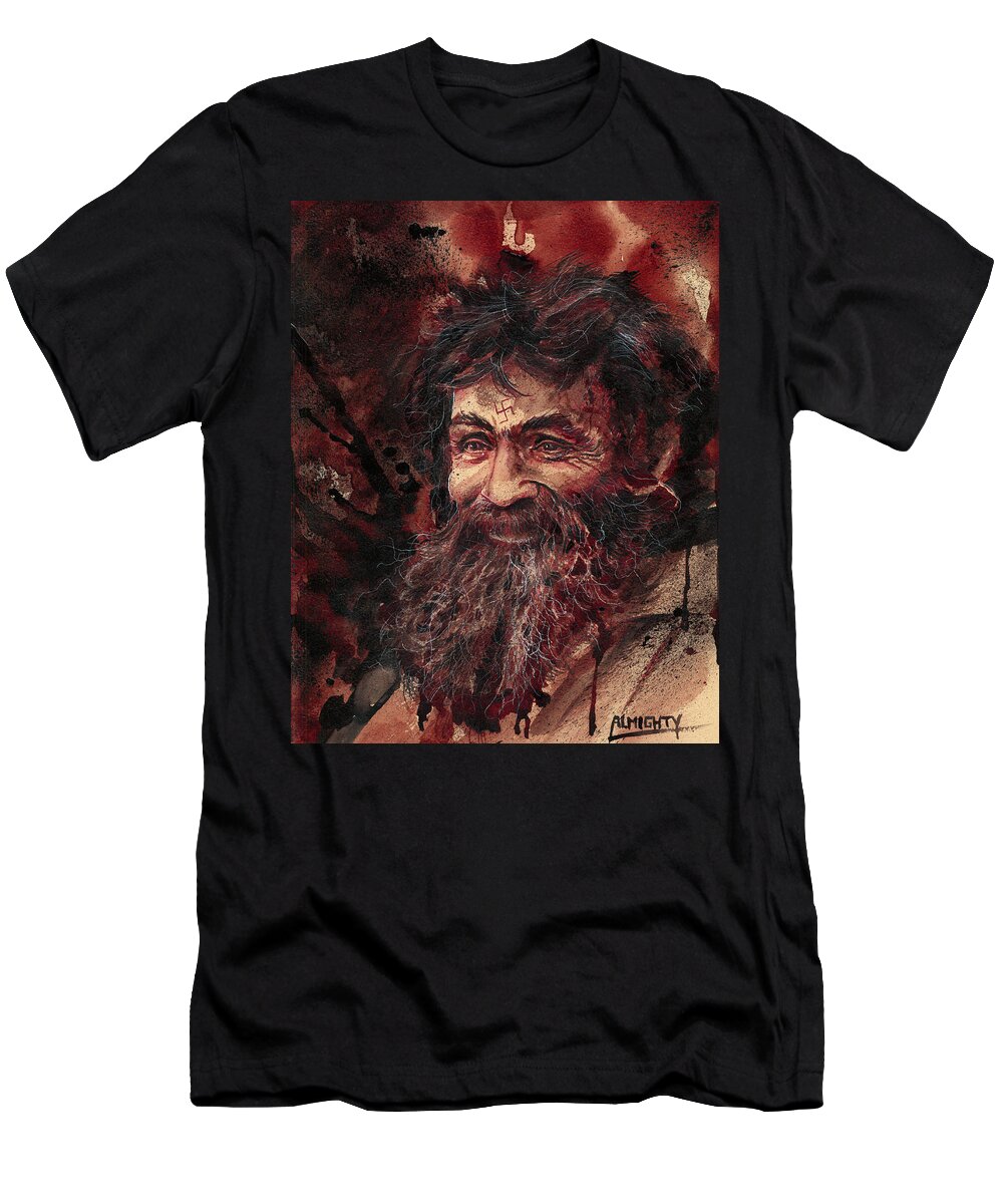 Ryan Almighty T-Shirt featuring the painting CHARLES MANSON portrait dry blood by Ryan Almighty