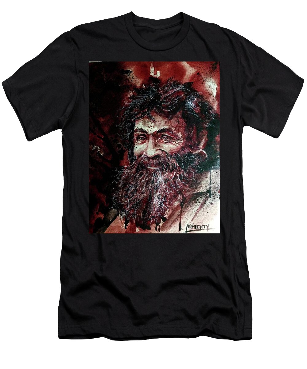 Ryan Almighty T-Shirt featuring the painting CHARLES MANSON portrait fresh blood by Ryan Almighty
