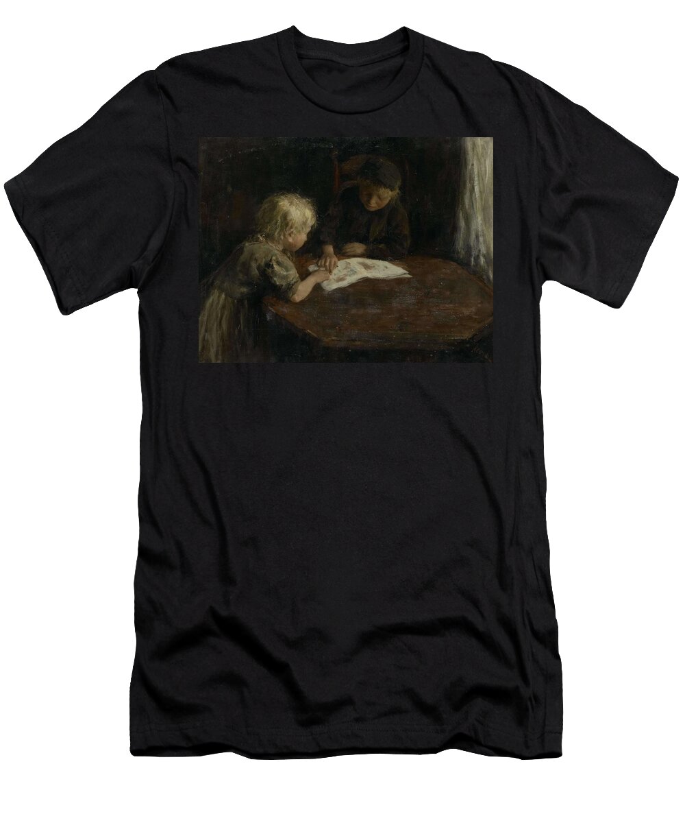 Canvas T-Shirt featuring the painting Children with a Picture-book. by Jacob Simon Hendrik Kever -1854-1922-
