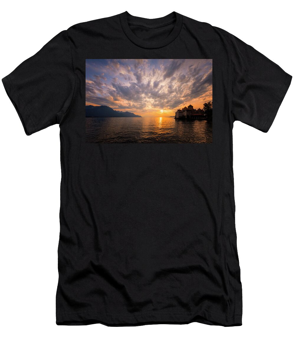 Castle T-Shirt featuring the photograph Chillon castle at sunset by Dominique Dubied
