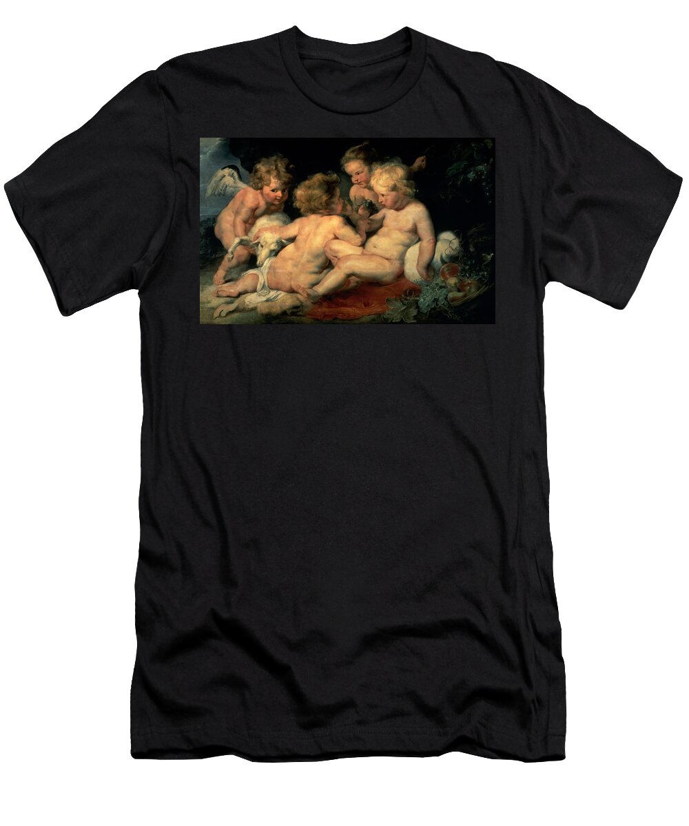 Child Jesus T-Shirt featuring the painting Christ and John the Baptist as Children and Two Angels, c. 1615-1620, Oil on panel. CHILD JESUS. by Peter Paul Rubens -1577-1640-