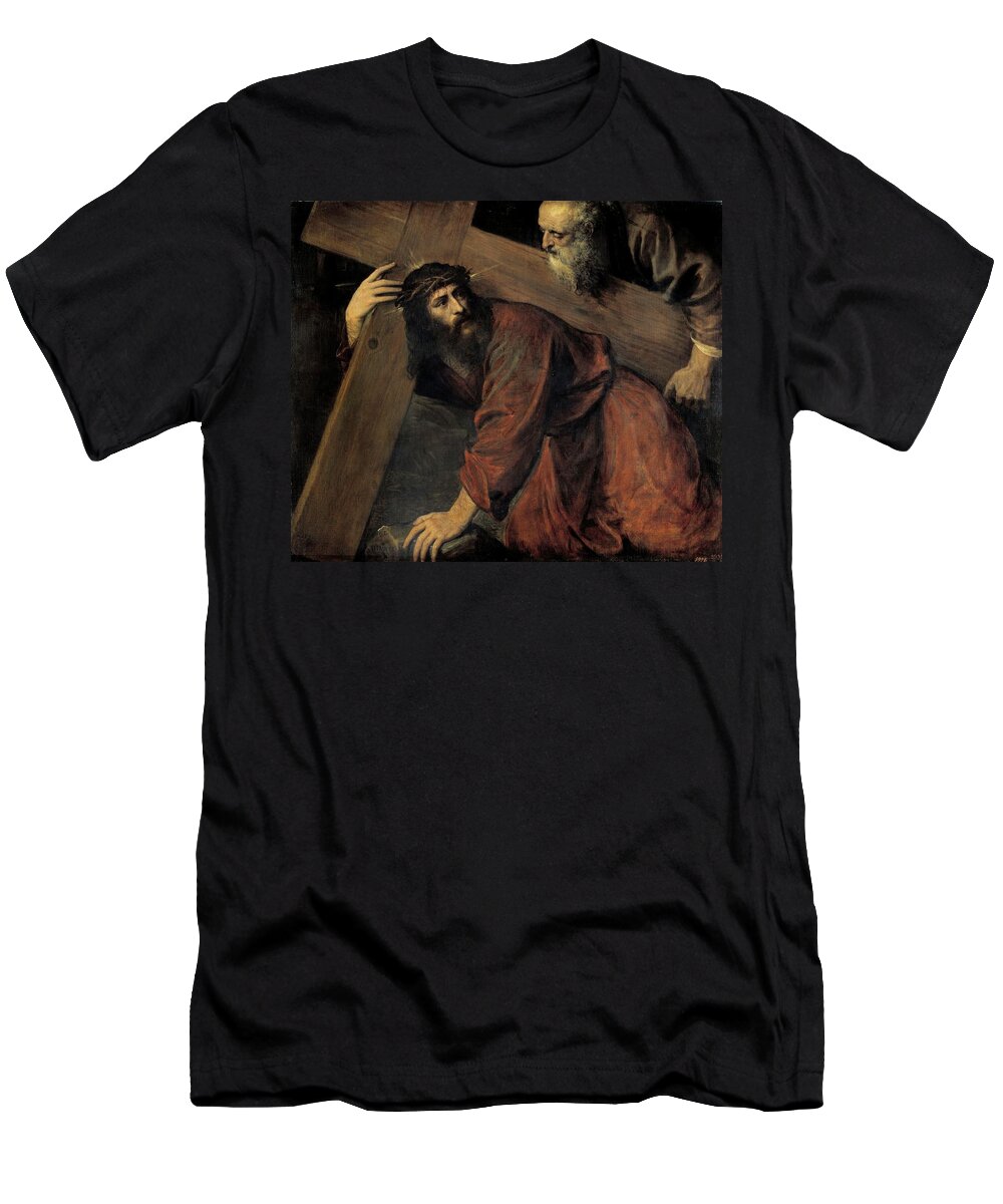 Christ And The Cyrenian T-Shirt featuring the painting 'Christ and the Cyrenian', ca. 1560, Italian School, Oil on canva... by Titian -c 1485-1576-