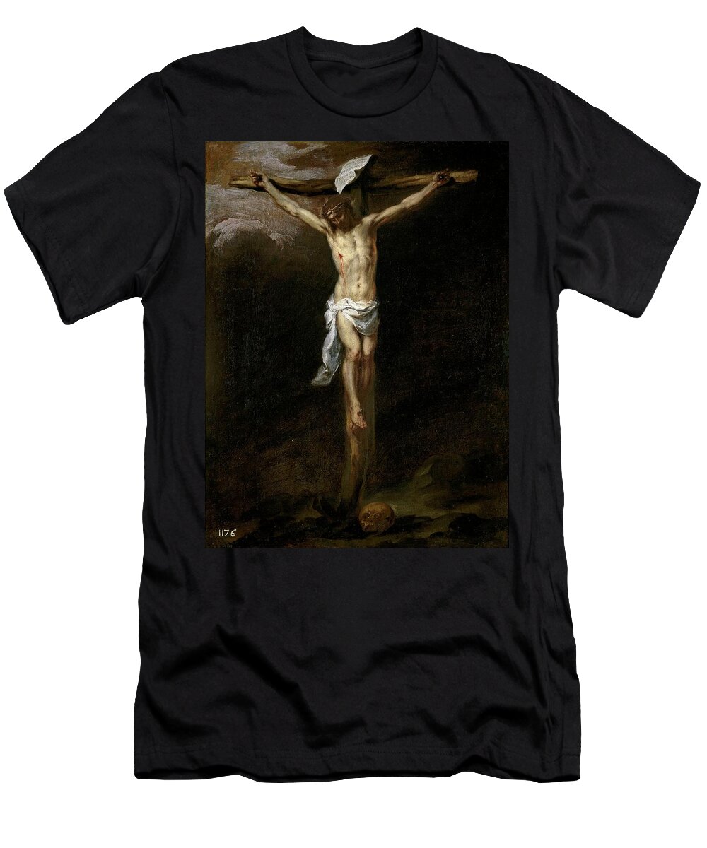 Bartolome Esteban Murillo T-Shirt featuring the painting 'Christ Crucified', ca. 1677, Spanish School, Oil on canvas, 71 cm x... by Bartolome Esteban Murillo -1611-1682-